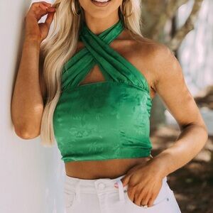 These Three Boutique Green Clover Print Crisscross Crop Top